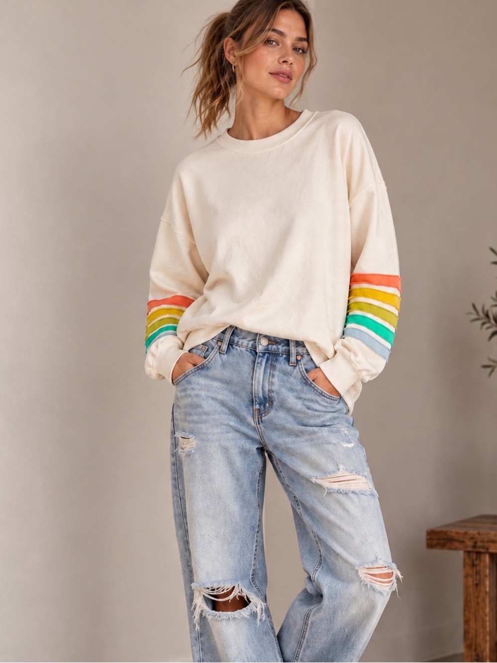 By Together Stripe Sleeve Sweatshirt in 100% Cotton - Oversized